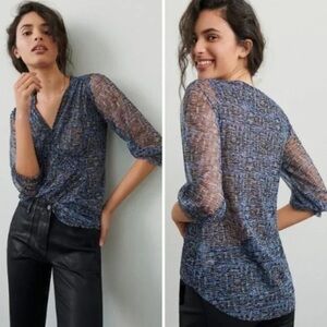 Anthropologie Blk/Blue Smocked Blouse Top M